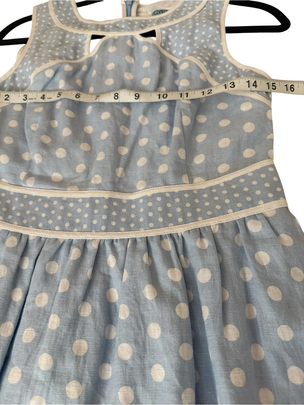 Cynthia Rowley light blue and white polka dot sleeveless A-line dress, size 6
